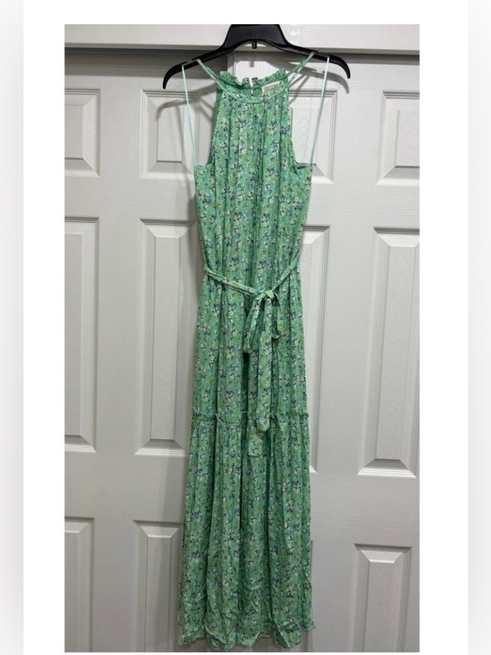 Green Floral Halter Maxi Dress with Tie Waist